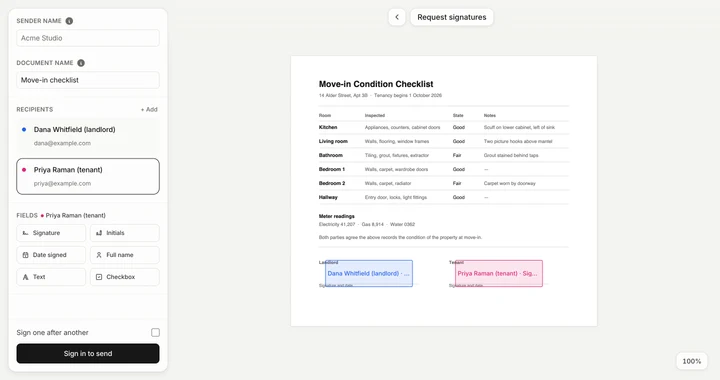The Penstead composer showing multiple recipients for an inheritance document, each with signature fields in their designated color.